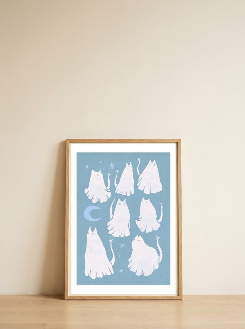 Ghost Cats Blue Night — framed, leaning against the wall