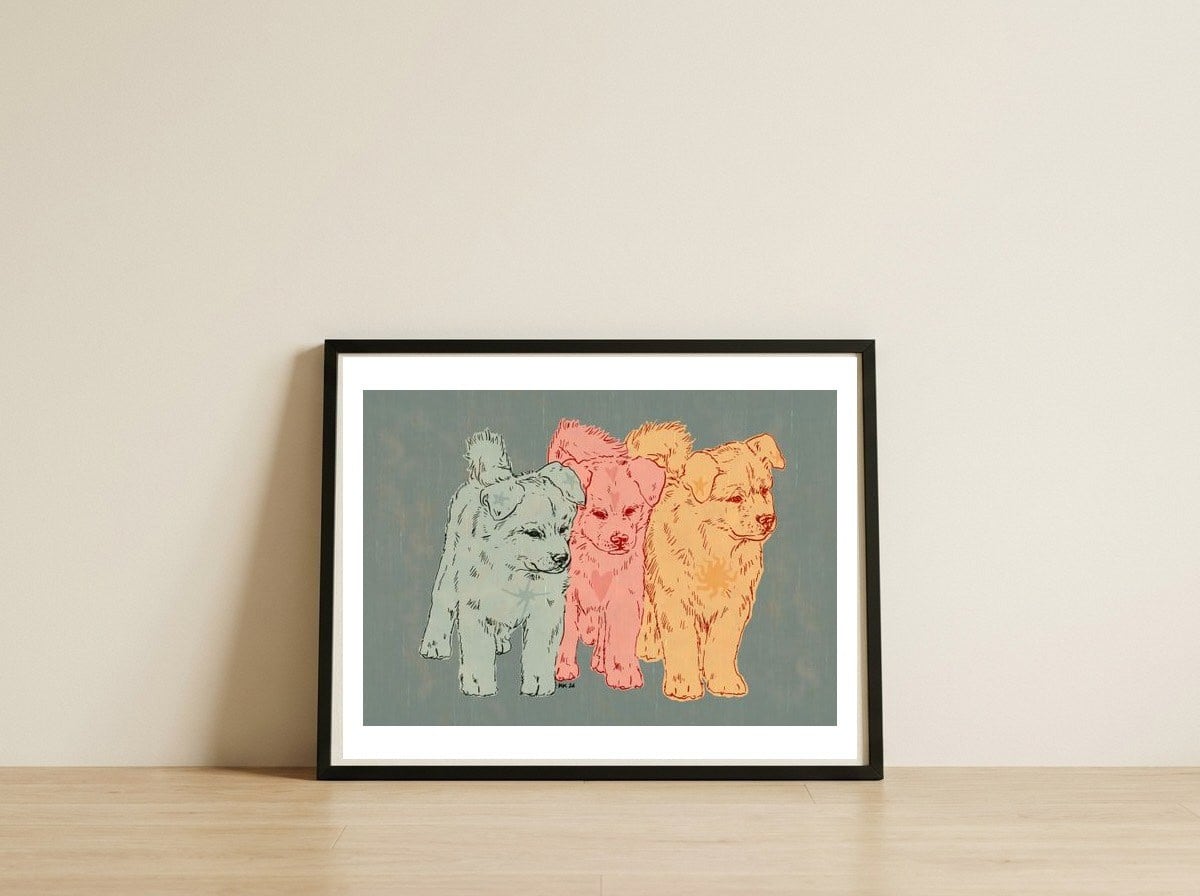Colorful Pop Art Puppies — framed, leaning against the wall