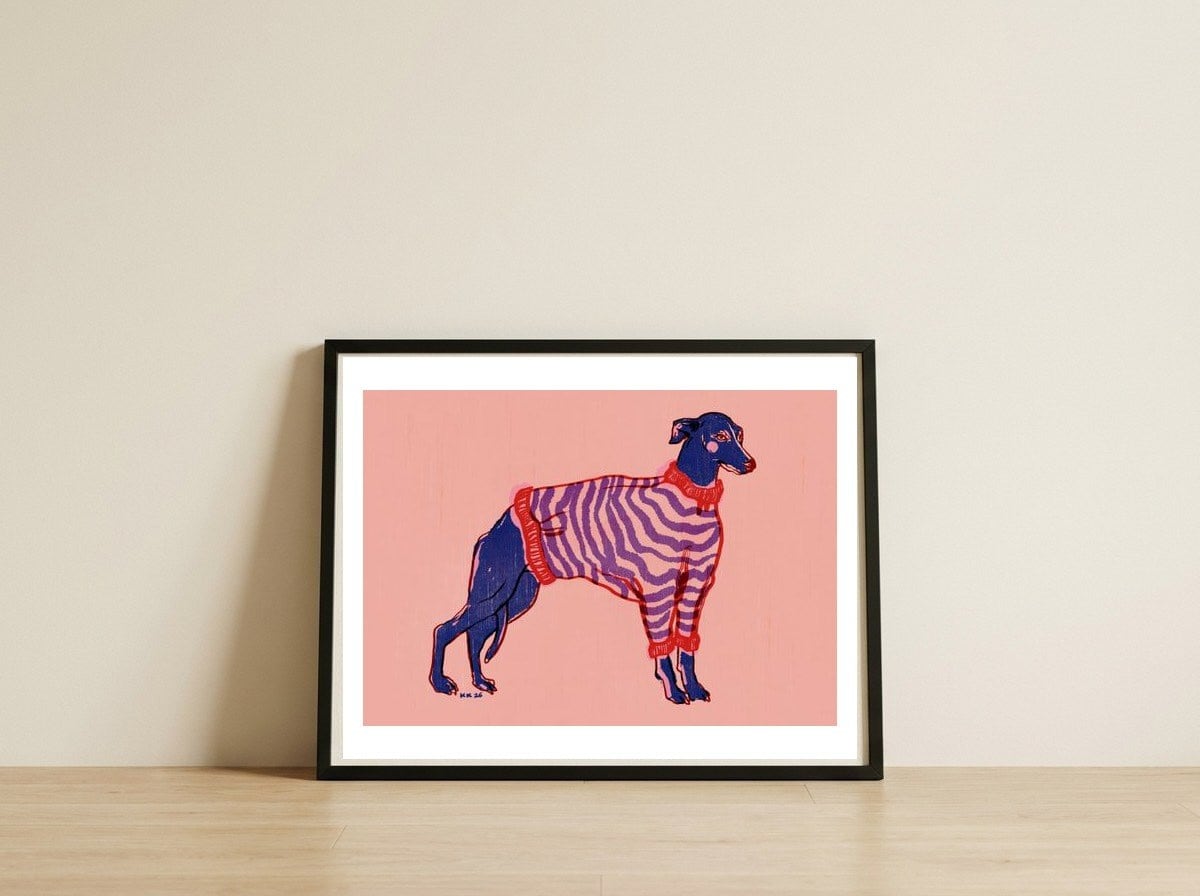 Whippet In Striped Sweater — framed, leaning against the wall