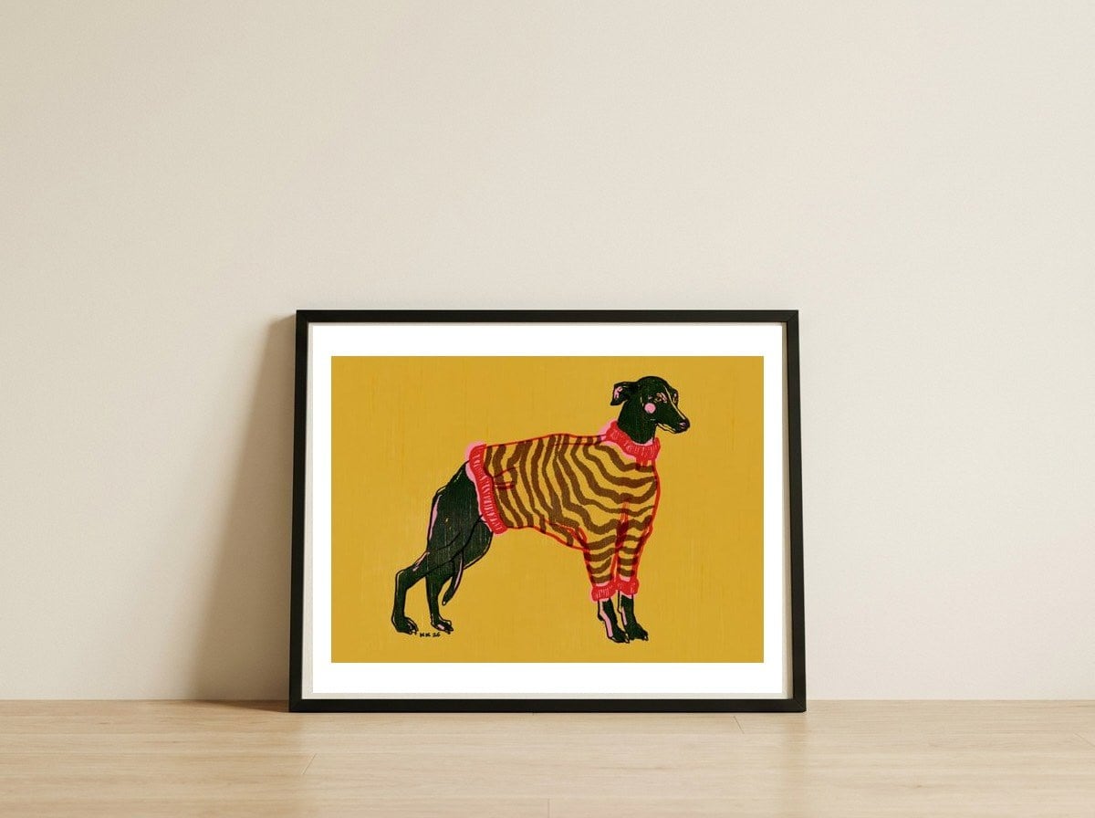 Whippet in Striped Sweater — framed, leaning against the wall