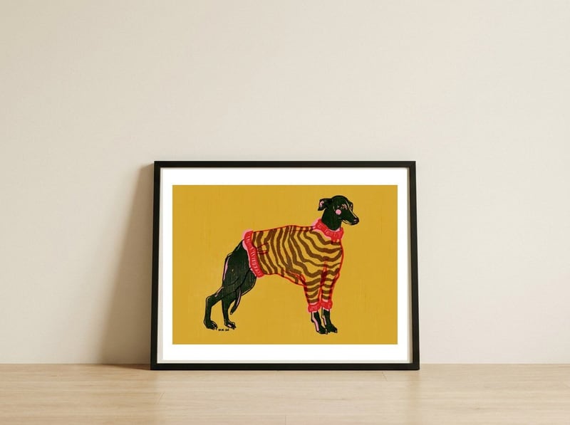 Whippet in Striped Sweater — framed, leaning against the wall