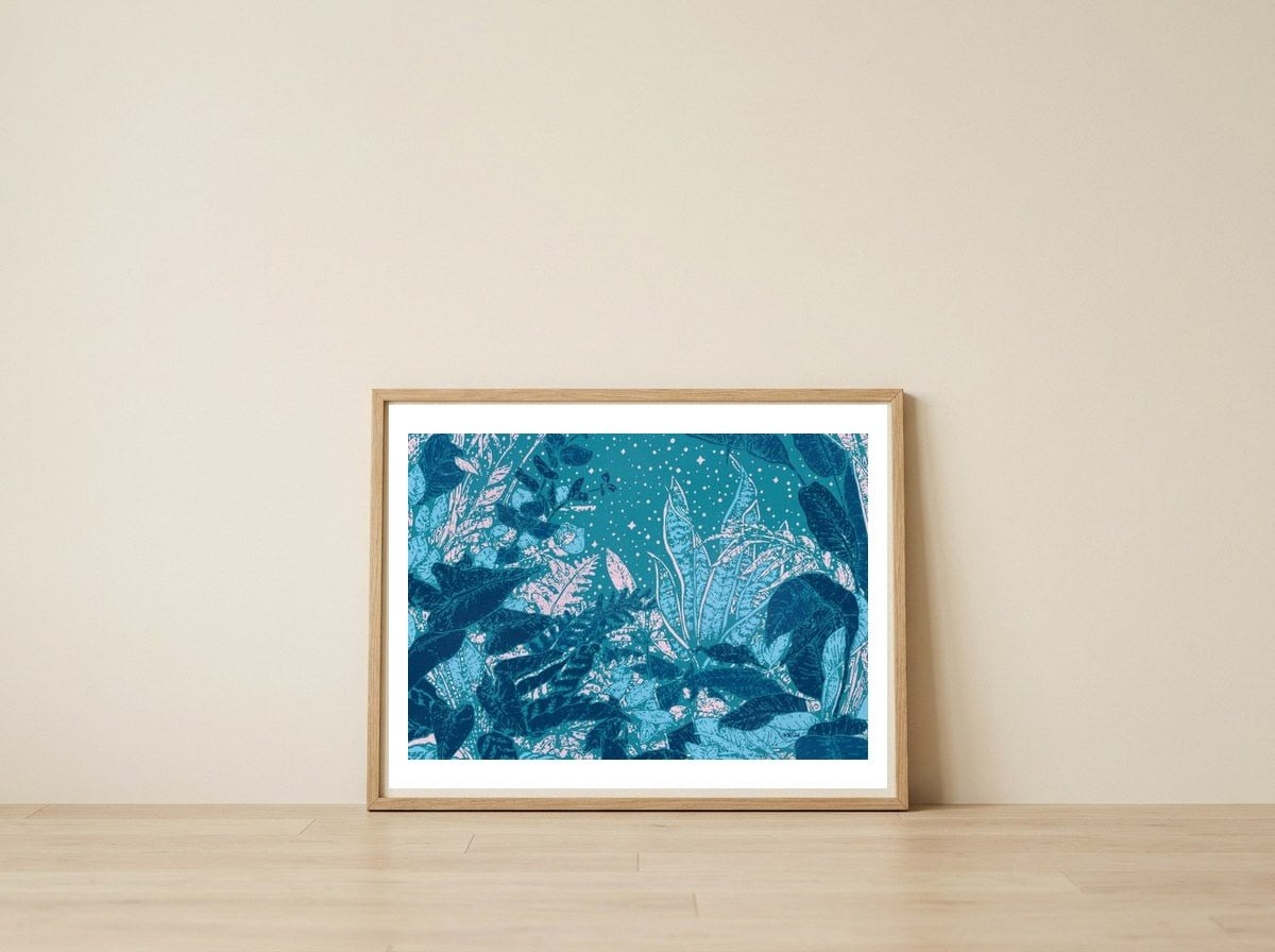 Starry Jungle Leaves — framed, leaning against the wall