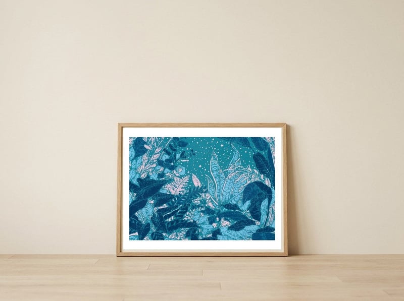 Starry Jungle Leaves — framed, leaning against the wall