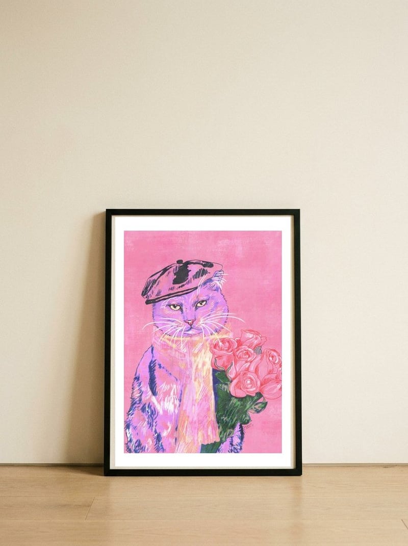 Stylish Cat with Roses — framed, leaning against the wall