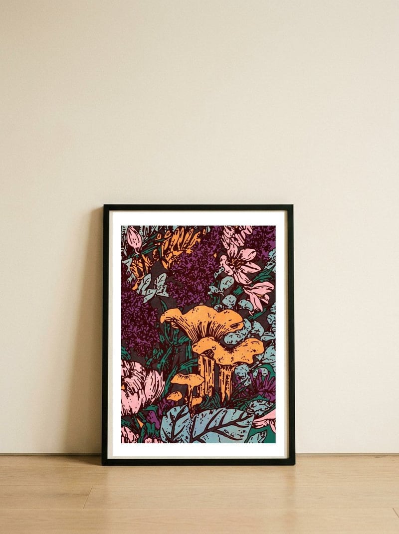 Vibrant Forest Fungi — framed, leaning against the wall