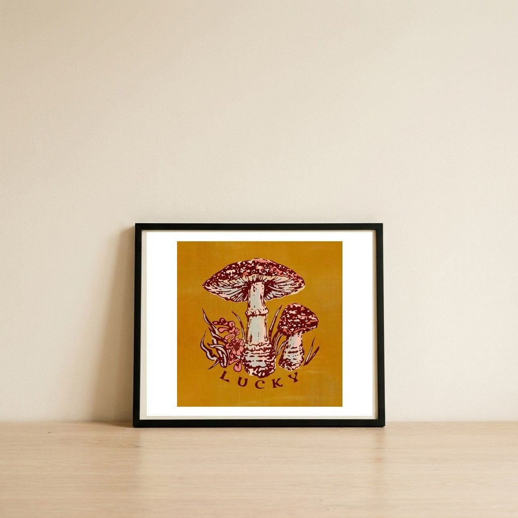 Vintage Lucky Mushrooms — framed, leaning against the wall
