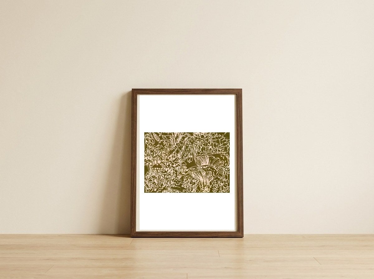 Forest Mushroom Pattern — framed, leaning against the wall