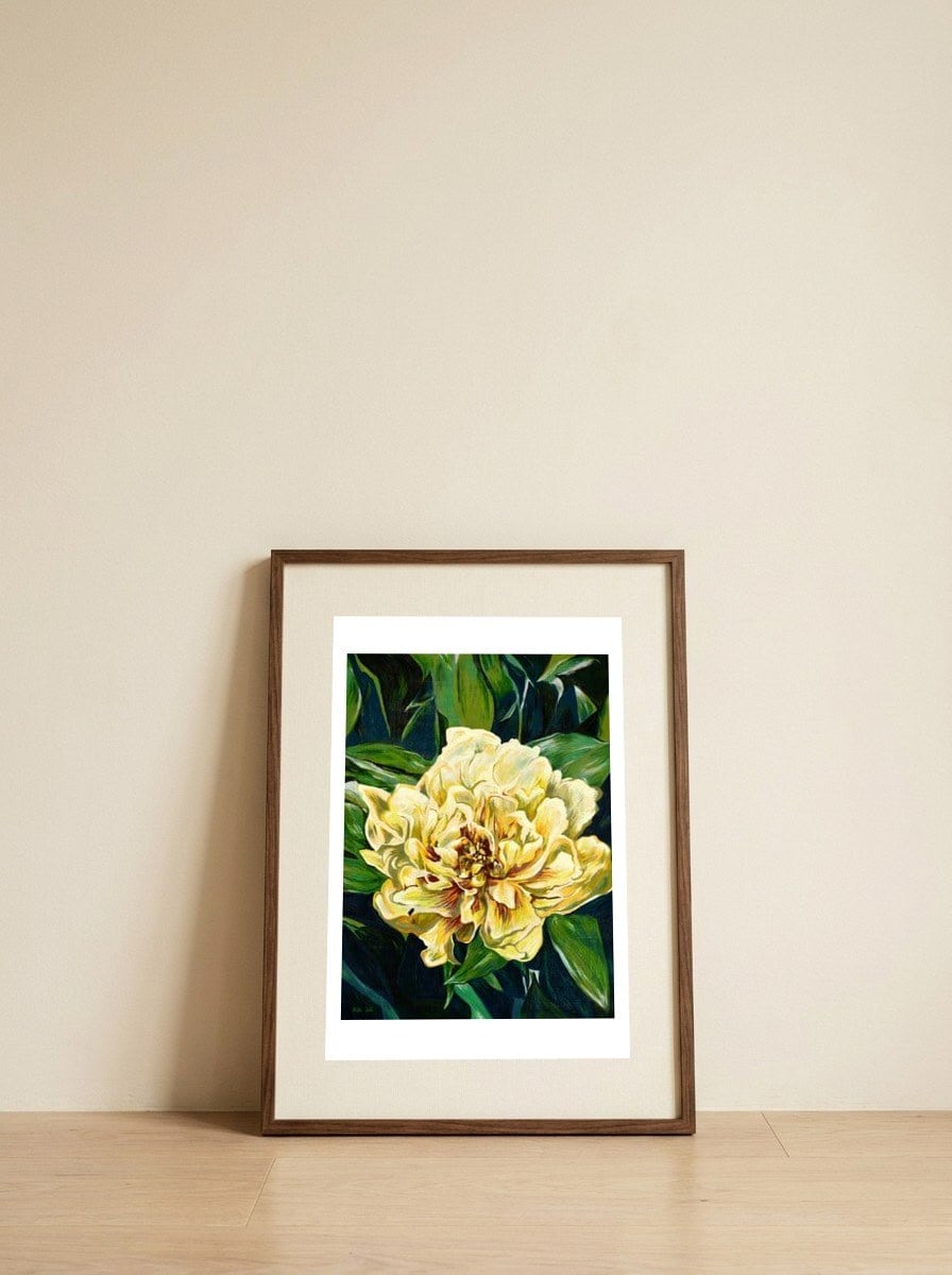 Vibrant Yellow Bloom — framed, leaning against the wall