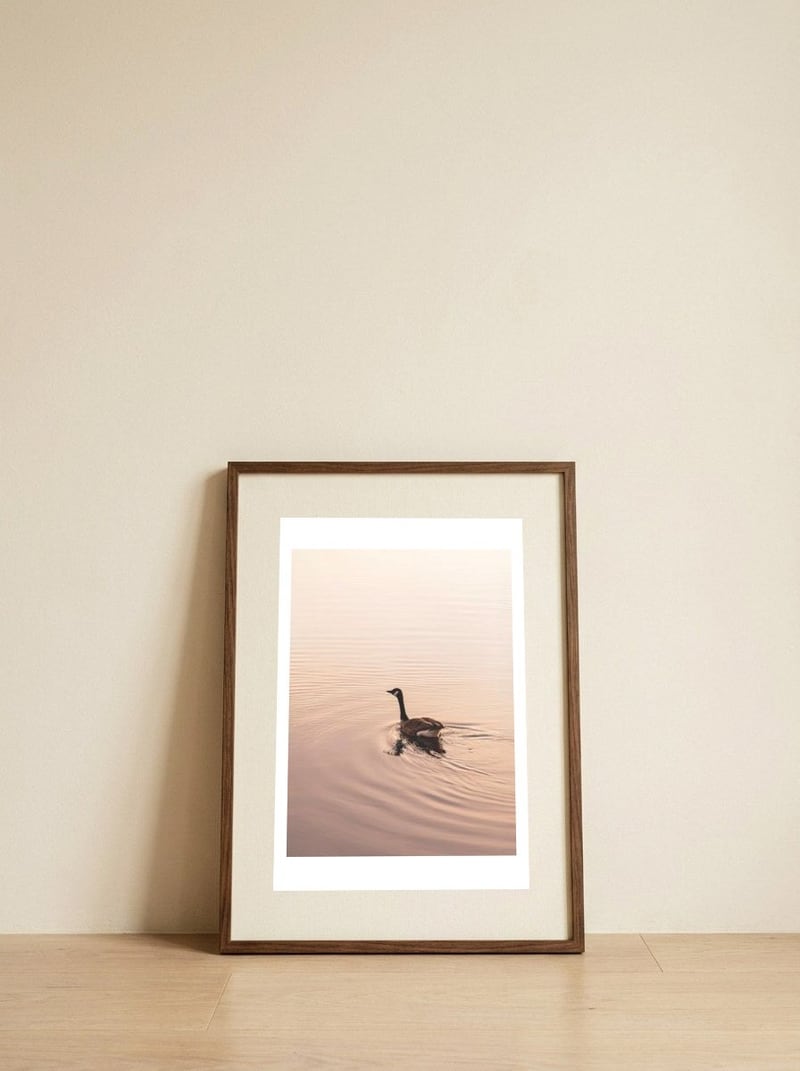 Calm Water Goose — framed, leaning against the wall
