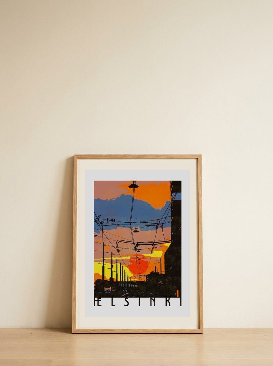 Helsinki City Sunset — framed, leaning against the wall