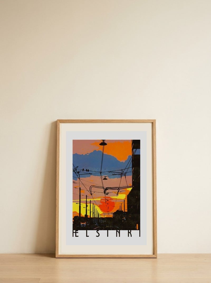 Helsinki City Sunset — framed, leaning against the wall