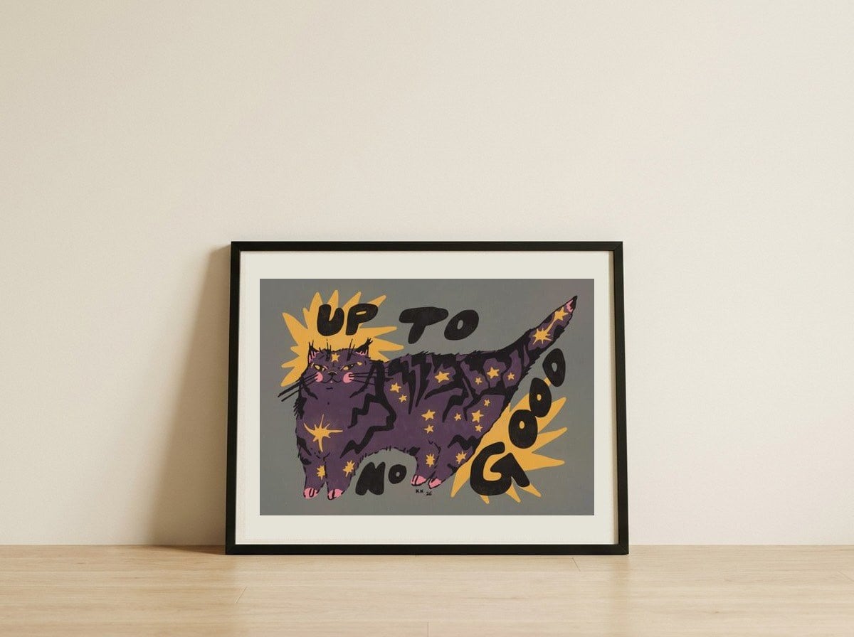 Up To No Good Cat — framed, leaning against the wall