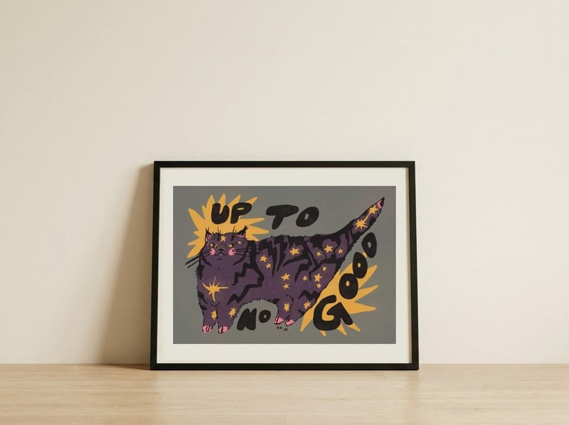 Up To No Good Cat — framed, leaning against the wall