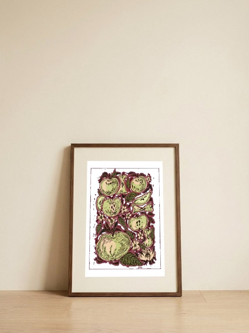 Green Apples and Blossoms — framed, leaning against the wall