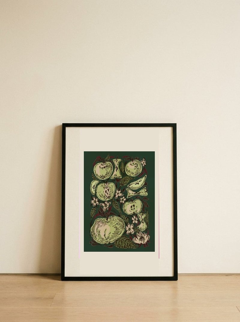 Sketched Green Apples — framed, leaning against the wall