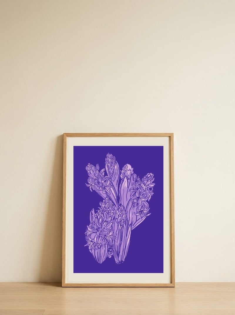 Blooming Purple Hyacinths — framed, leaning against the wall
