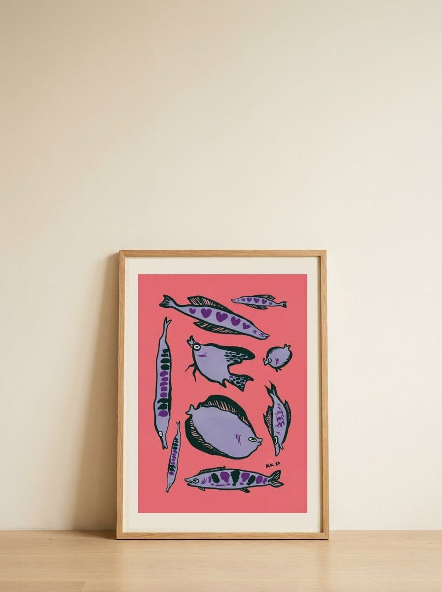 Whimsical Purple Fish — framed, leaning against the wall