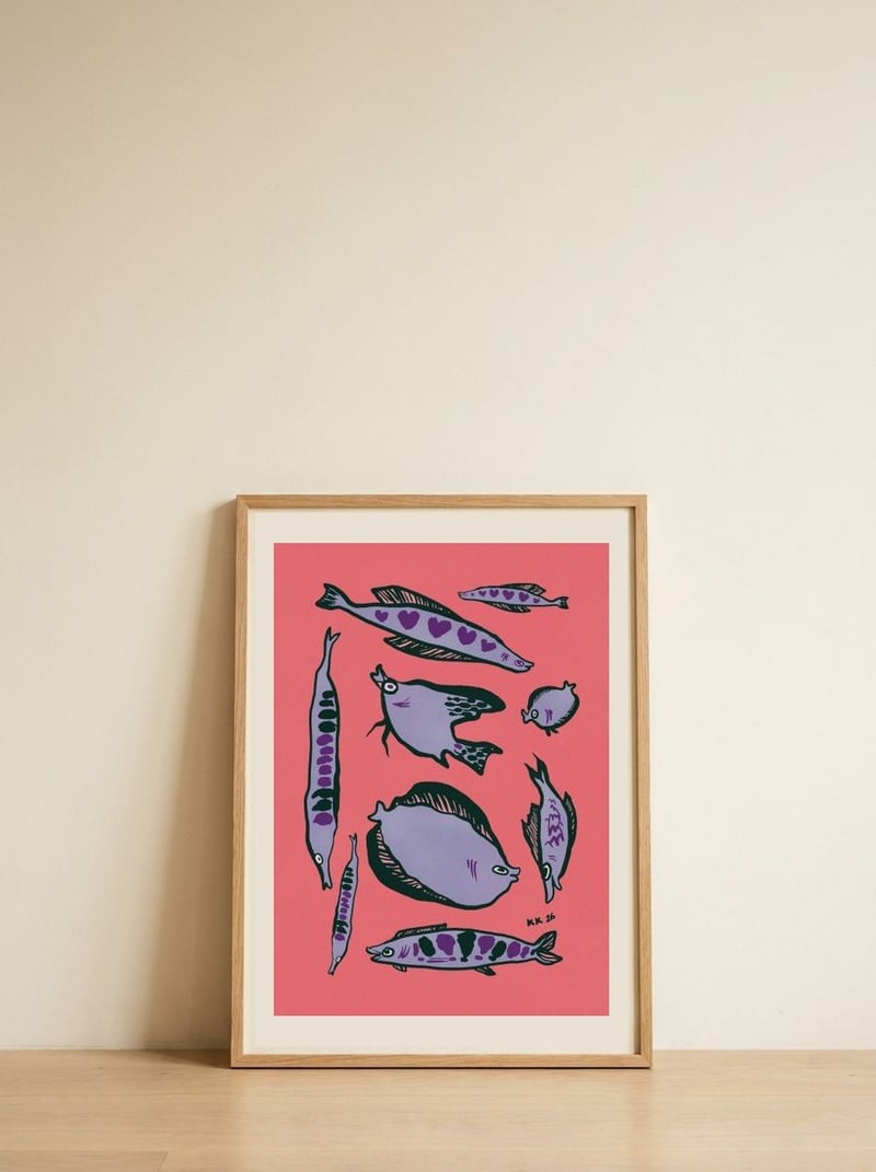 Whimsical Purple Fish — framed, leaning against the wall