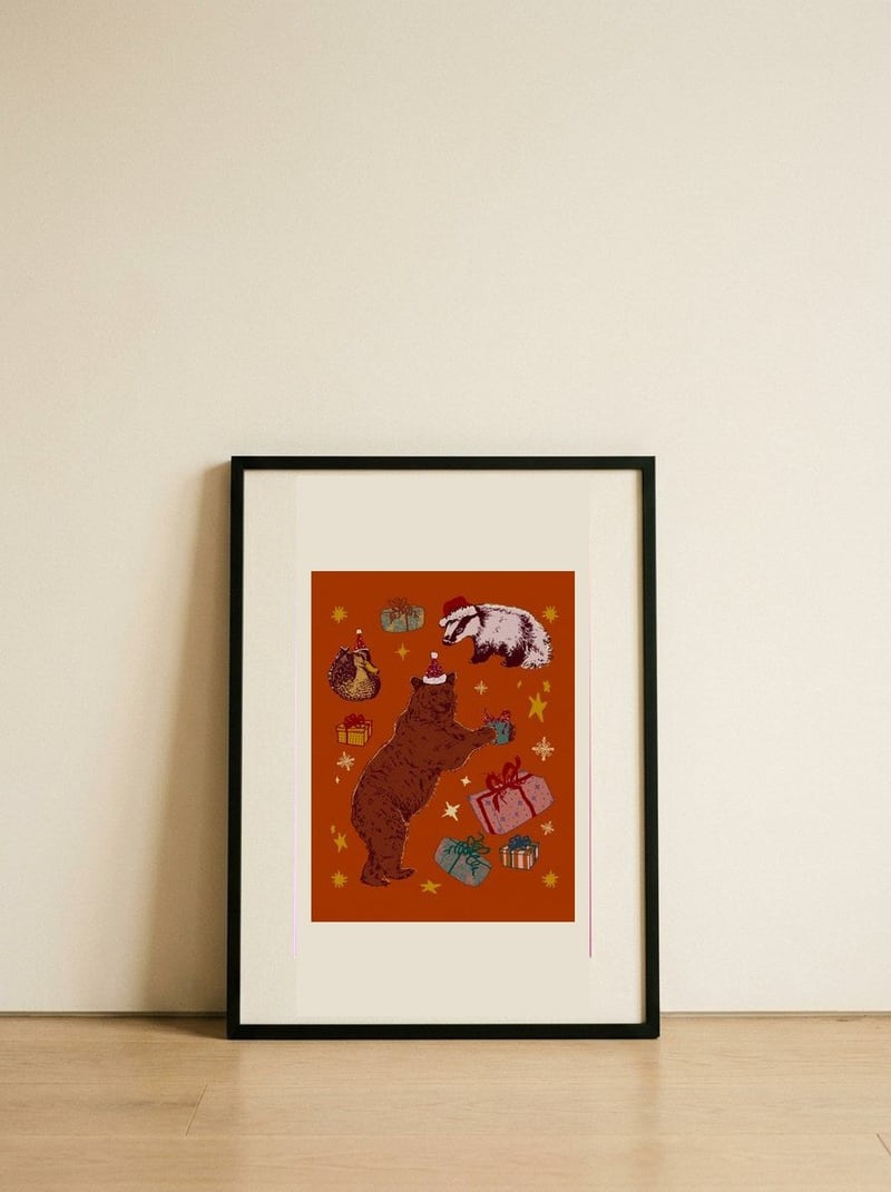 Holiday Animals Giving Gifts — framed, leaning against the wall
