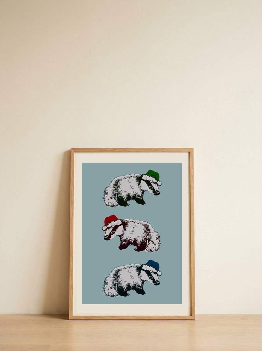 Christmas Badgers — framed, leaning against the wall