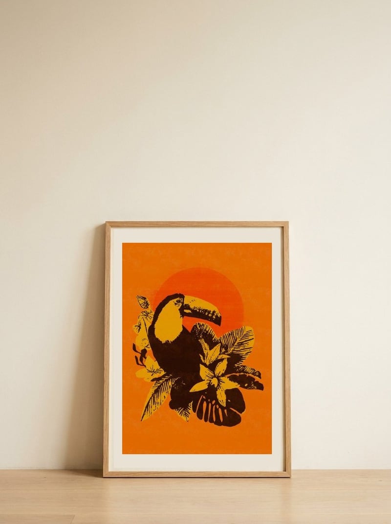 Tropical Toucan Sunset — framed, leaning against the wall
