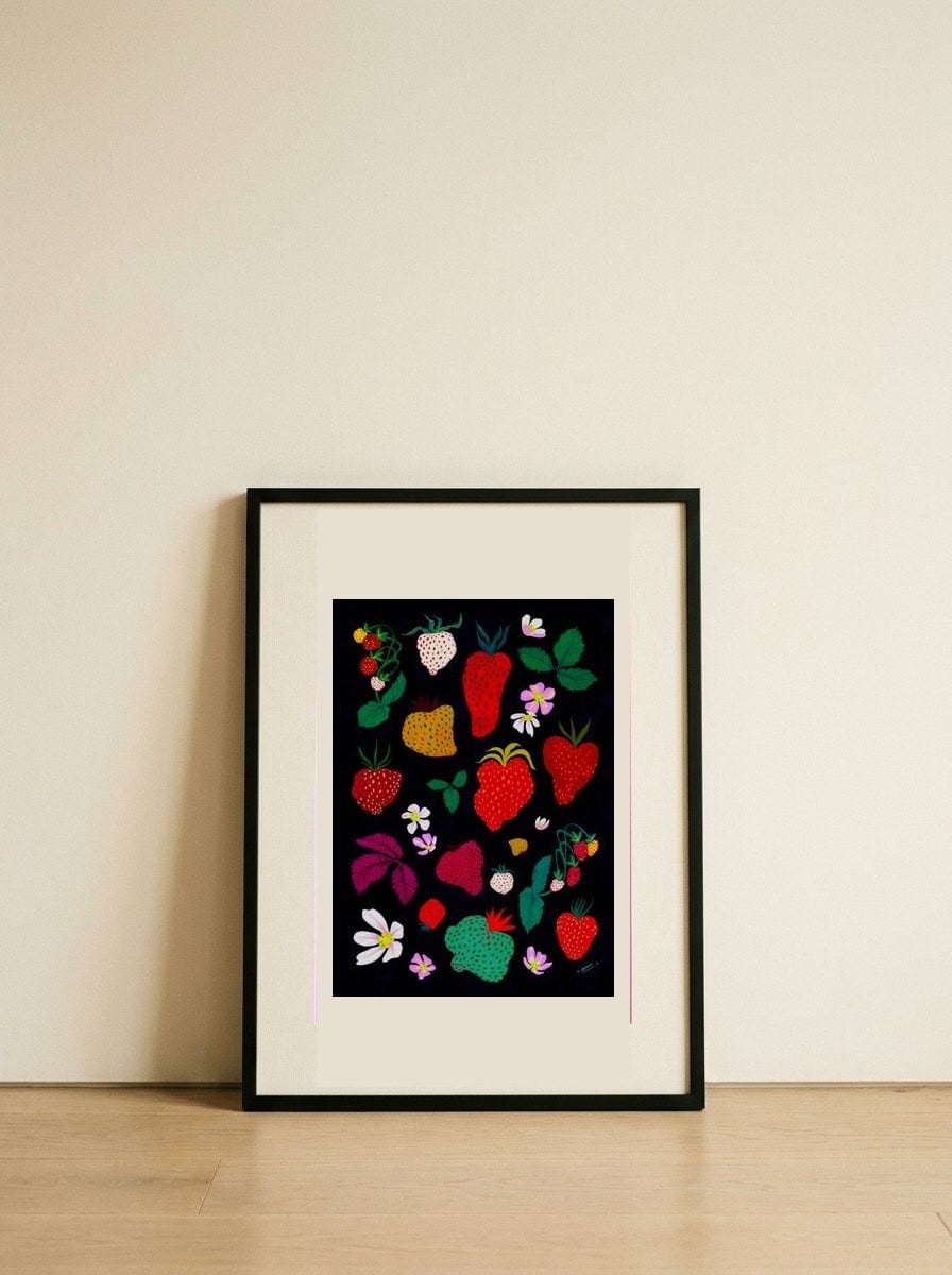 Whimsical Strawberry Harvest — framed, leaning against the wall