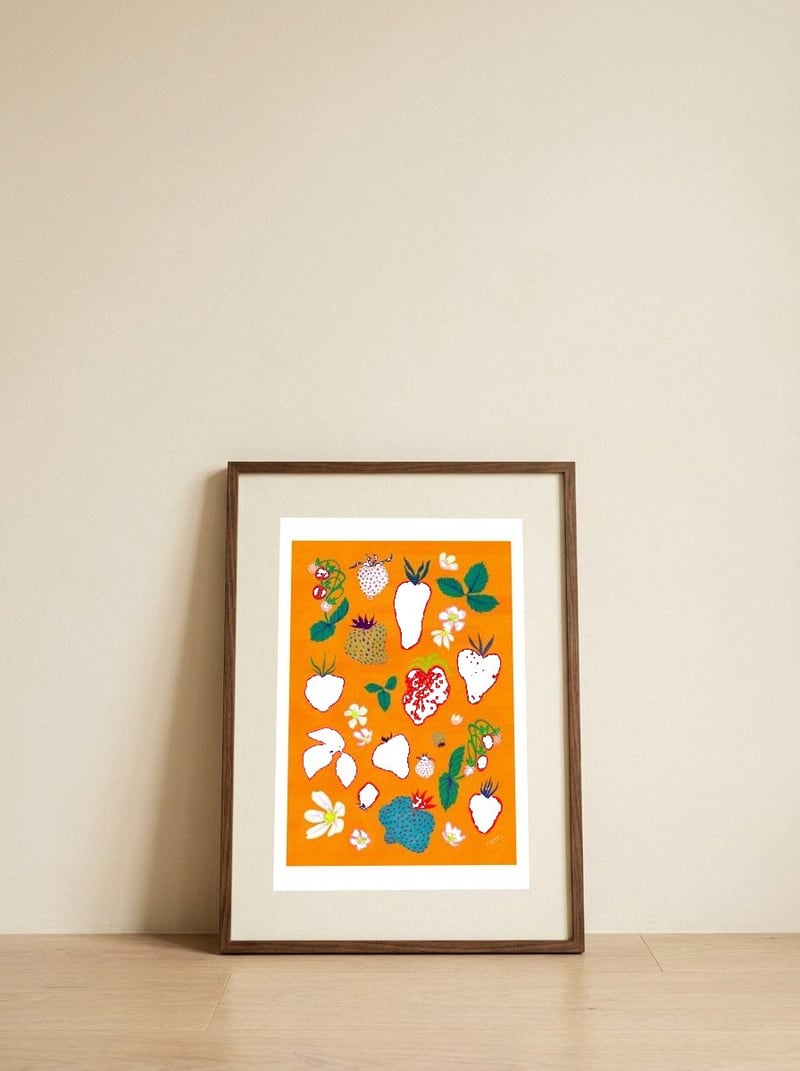 Colorful Strawberry Patch — framed, leaning against the wall