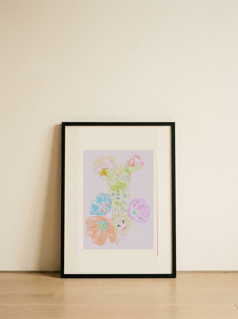 Pastel Cat and Tulips — framed, leaning against the wall