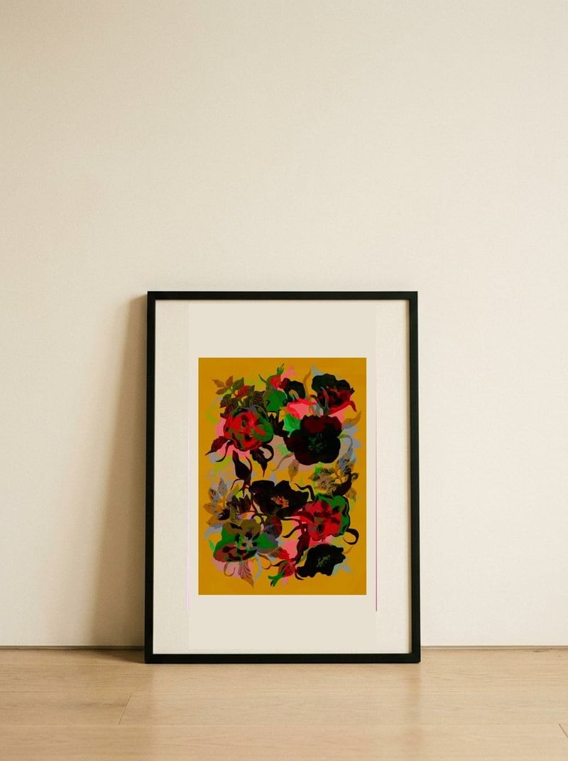 Bold Floral Abstraction — framed, leaning against the wall