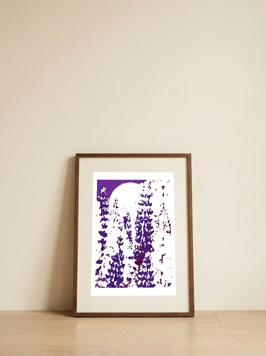 Moonlit Purple Blooms — framed, leaning against the wall