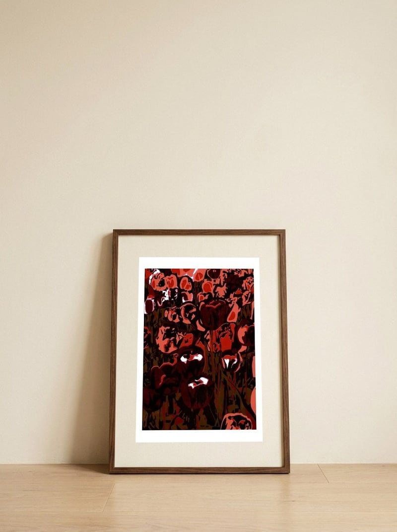 Vibrant Abstract Tulips — framed, leaning against the wall
