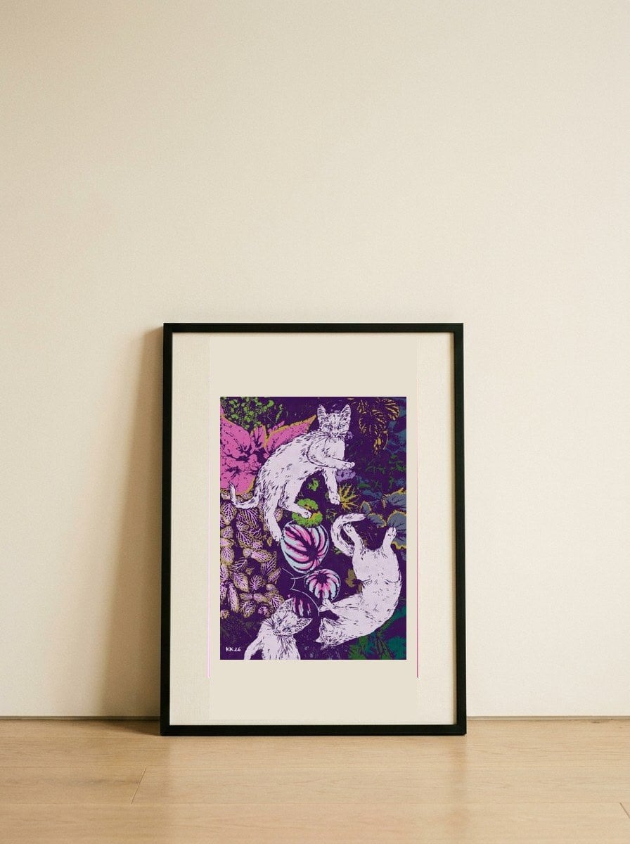 Playful Cats and Plants — framed, leaning against the wall
