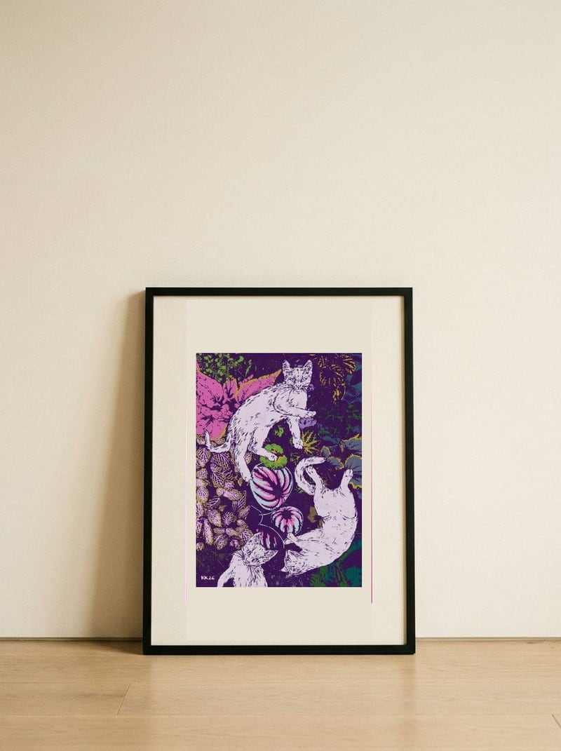 Playful Cats and Plants — framed, leaning against the wall