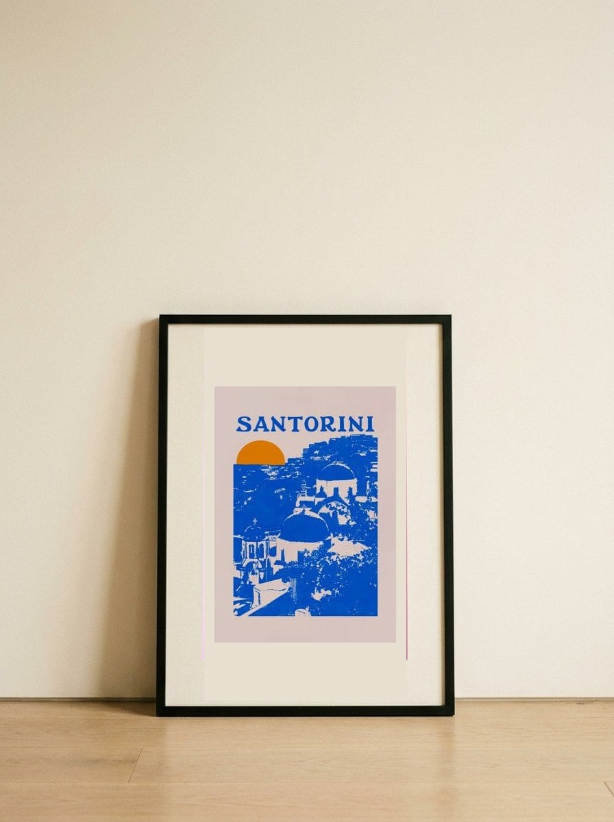 Santorini Blue Domes Sunset — framed, leaning against the wall