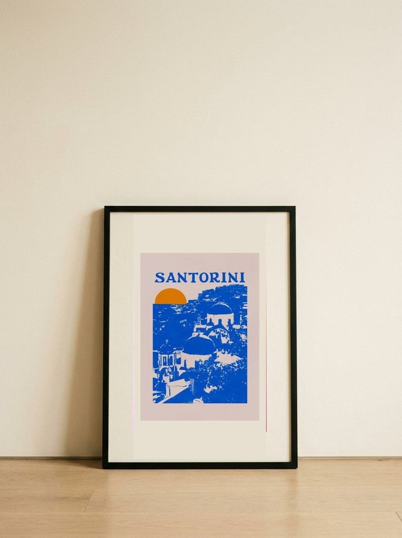 Santorini Blue Domes Sunset — framed, leaning against the wall
