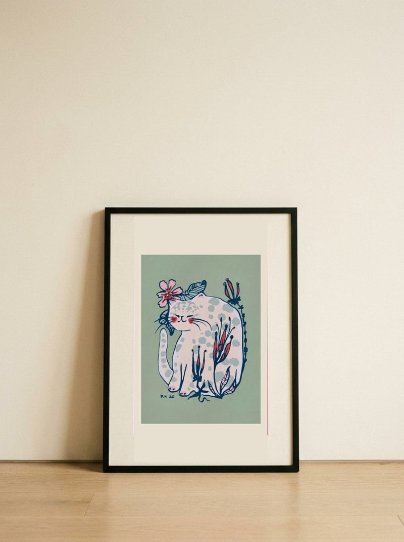 Peaceful Floral Cat — framed, leaning against the wall