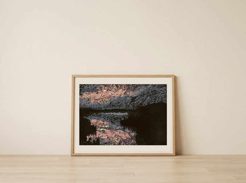 Moonlit Mountain Lake — framed, leaning against the wall