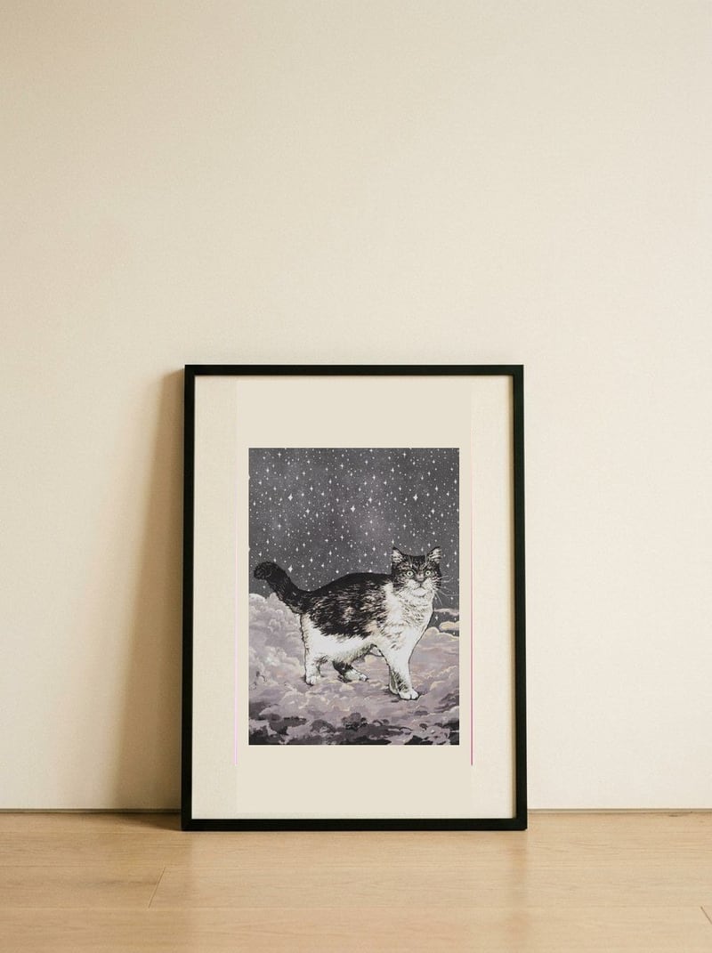 Starry Night Cat — framed, leaning against the wall