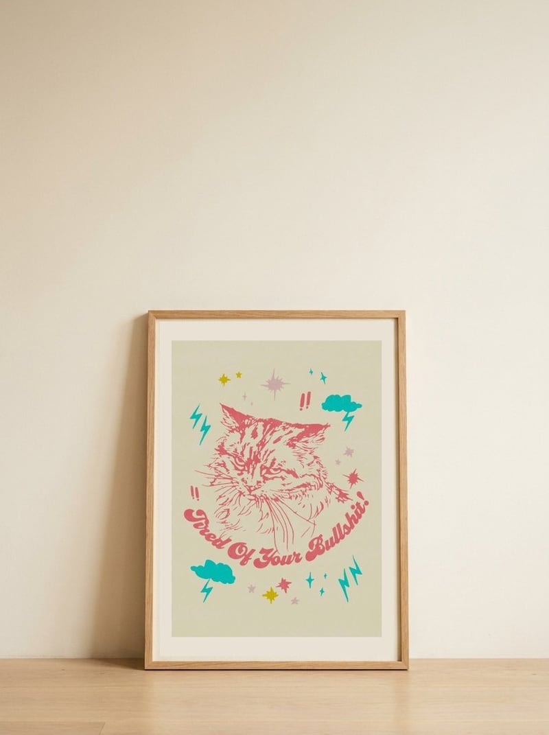 Grumpy Retro Cat — framed, leaning against the wall