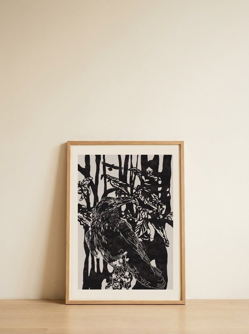Raven in Dark Woods — framed, leaning against the wall