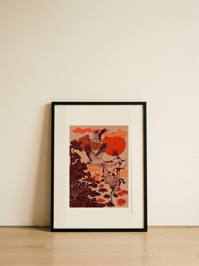 Flying Cranes Tropical Sunset — framed, leaning against the wall
