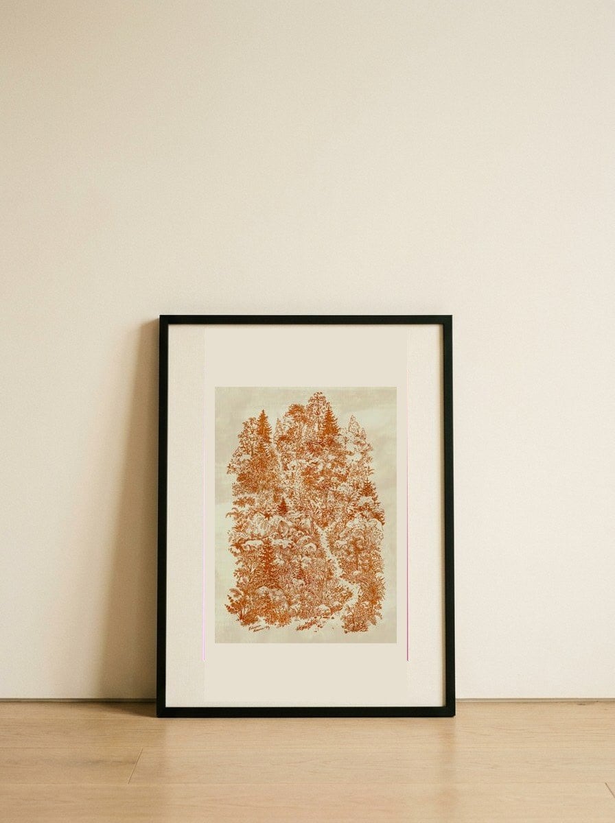Intricate Forest Drawing — framed, leaning against the wall