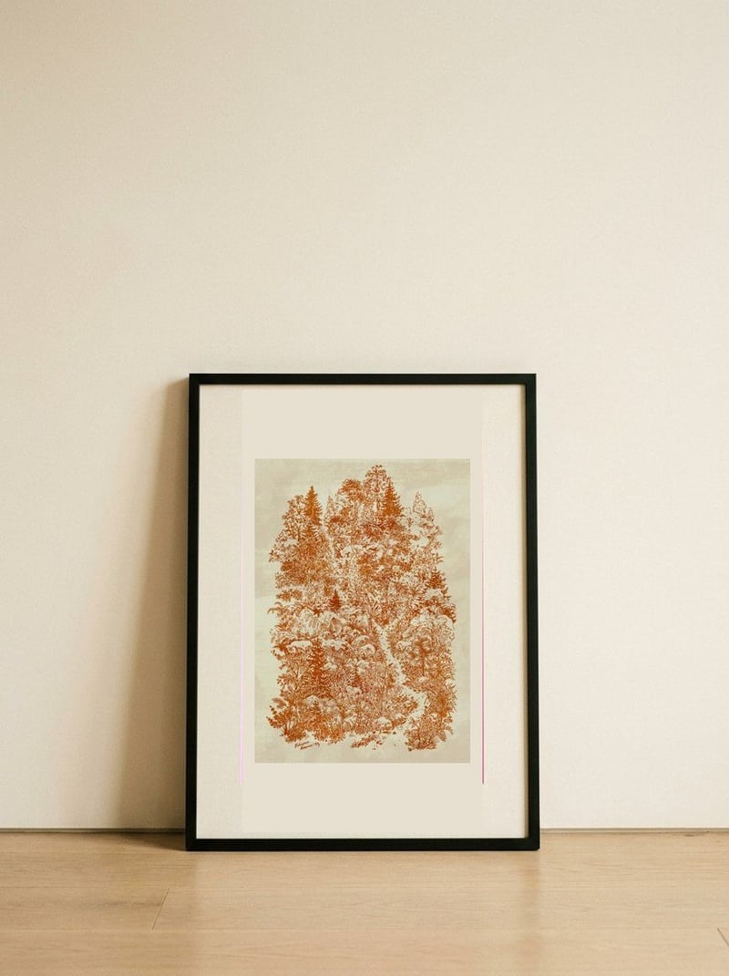 Intricate Forest Drawing — framed, leaning against the wall