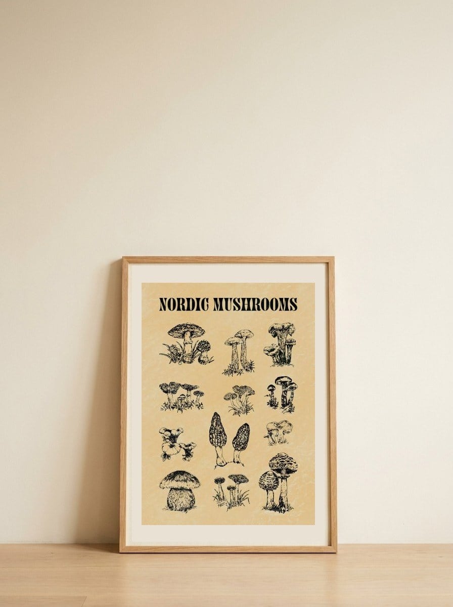 Nordic Mushroom Sketch — framed, leaning against the wall
