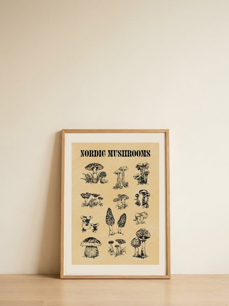 Nordic Mushroom Sketch — framed, leaning against the wall