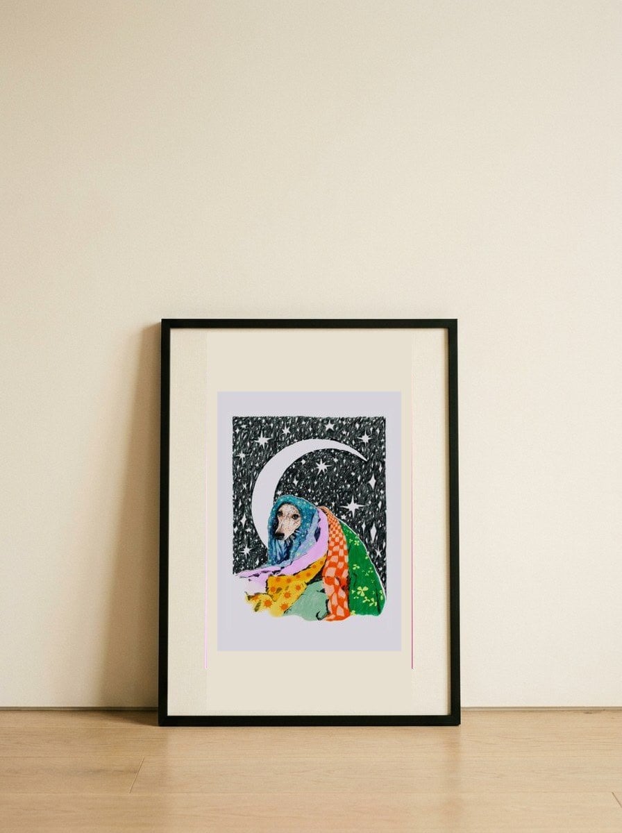 Cozy Dog Under Moon — framed, leaning against the wall