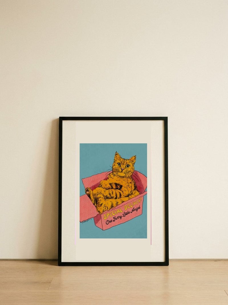 Special Delivery Cat — framed, leaning against the wall