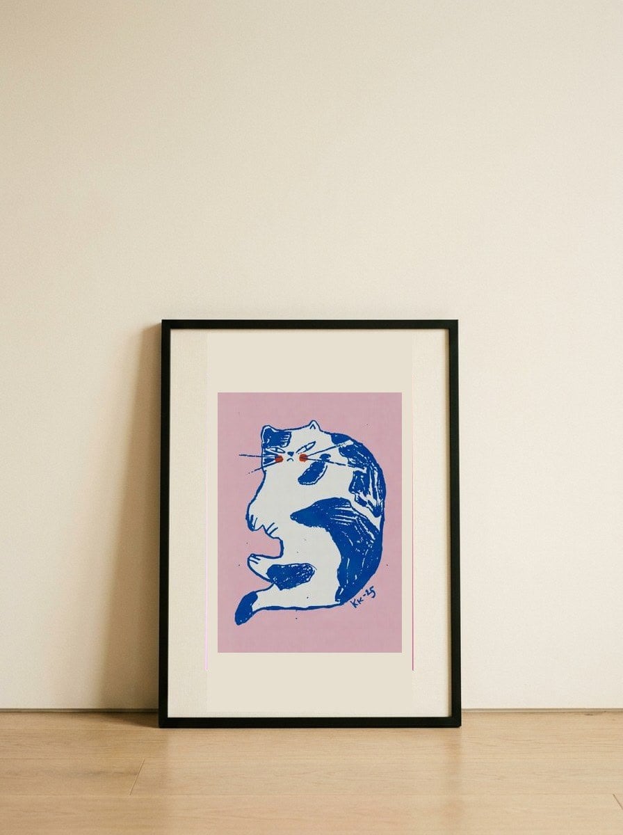Grumpy Blue Cat — framed, leaning against the wall