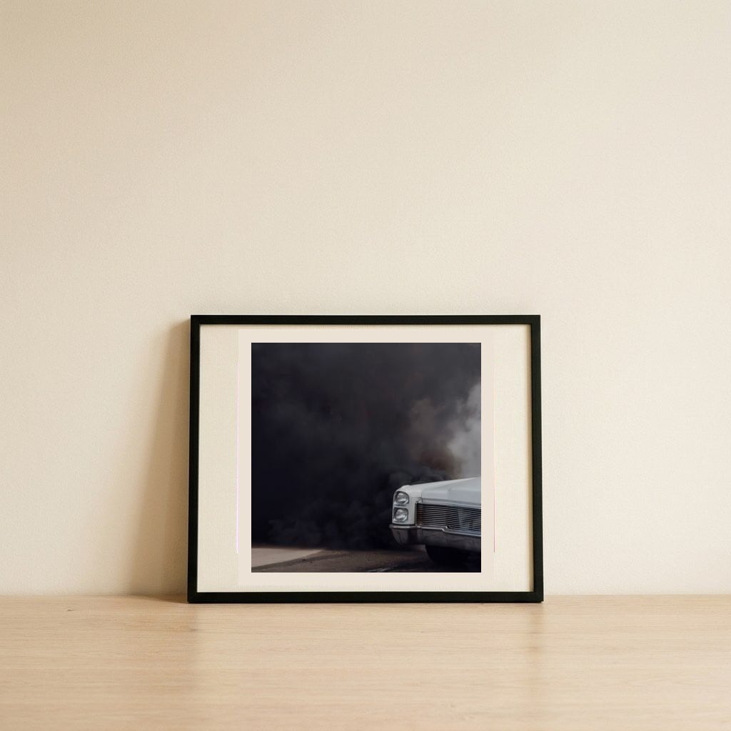 Vintage Car Dark Smoke — framed, leaning against the wall