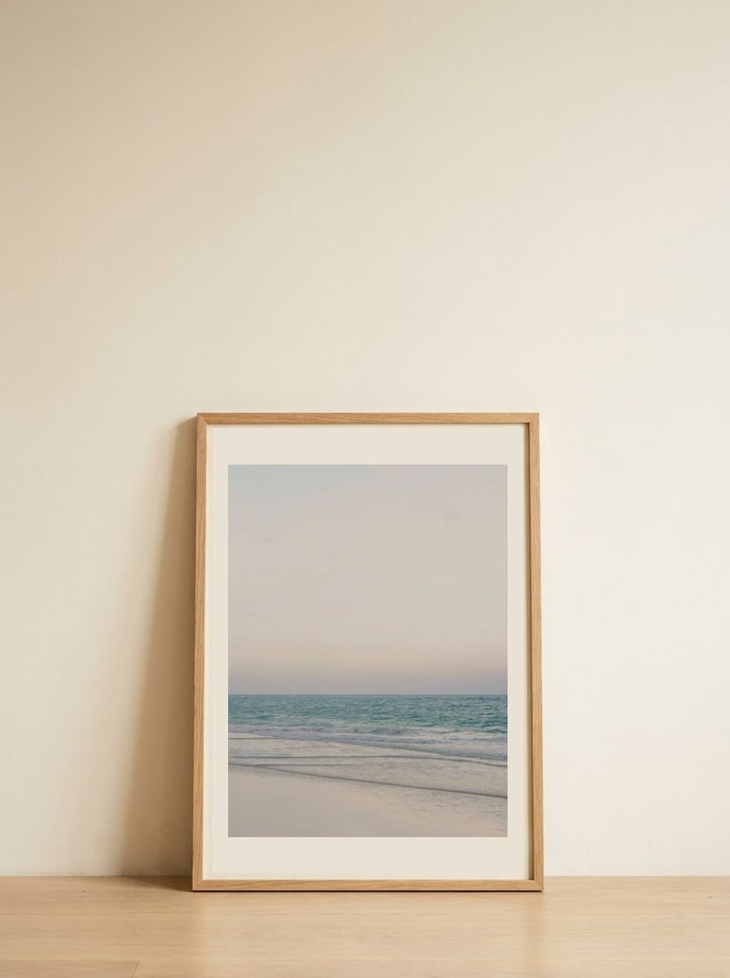 Serene Beach Waves — framed, leaning against the wall